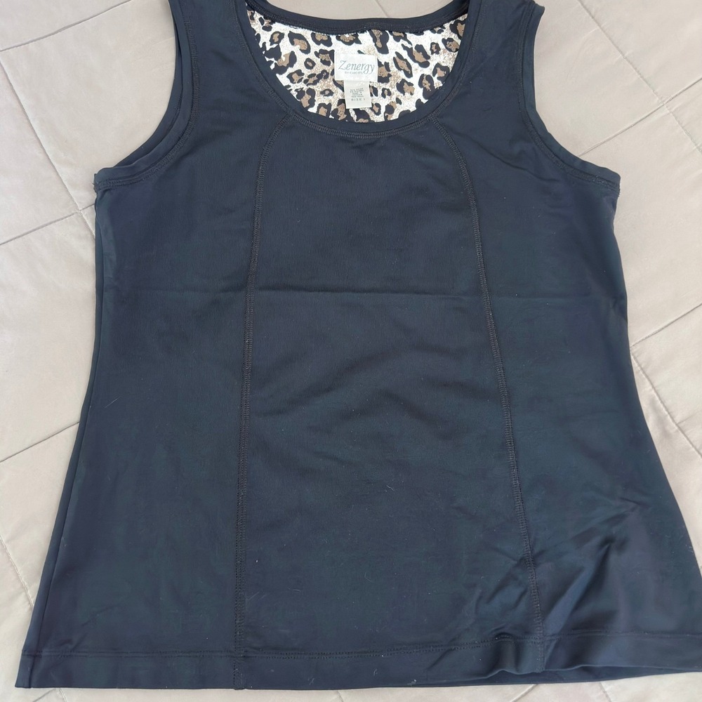 Zenergy by Chicos Black Sleeveless Tank Top Leopard Trim Size 1 Activewear Layer